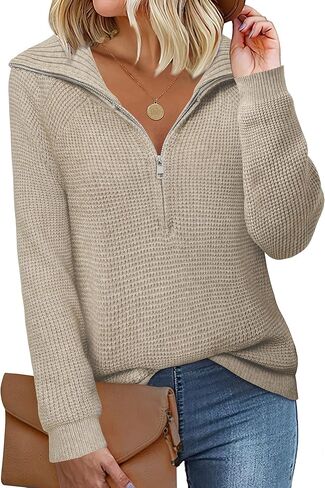 بلوفر نسائي من Vivilli بنصف سحاب وأكمام طويلة وياقة على شكل حرف V كاجوال in Kuwait