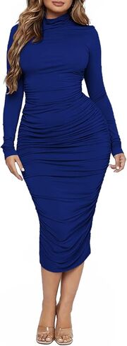 فستان ECHOINE نسائي مثير مكشكش أنيق برقبة وهمية فستان متوسط ​​الطول بأكمام طويلة للحفلات S XXL in Kuwait