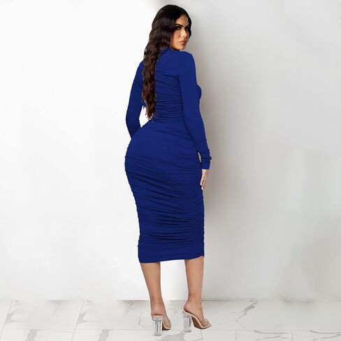 فستان ECHOINE نسائي مثير مكشكش أنيق برقبة وهمية فستان متوسط ​​الطول بأكمام طويلة للحفلات S XXL in Kuwait