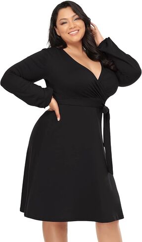 فستان AMZ PLUS نسائي مقاس كبير ملفوف على شكل حرف A للحفلات متوسط ​​الطول ورقبة على شكل حرف V قابل للتمدد كاجوال بحزام Bodycon فستان متوسط ​​الطول in Kuwait