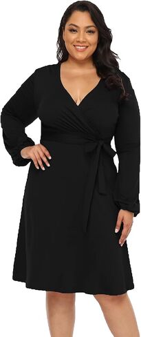 فستان AMZ PLUS نسائي مقاس كبير ملفوف على شكل حرف A للحفلات متوسط ​​الطول ورقبة على شكل حرف V قابل للتمدد كاجوال بحزام Bodycon فستان متوسط ​​الطول in Kuwait