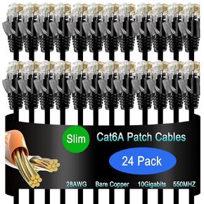 Cat6a Slim Ethernet Patch Cable 7 ft (24 Pack), Cat6a Patch Cable for Data Centers, Cat 6 Patch Cable 10G, Network Patch Cables for Home and Enterprise Network -White