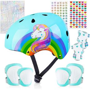 Kids Bike Helmet, Kids Helmets Ages 5-8 with DIY Stickers Kids Knee Pads and Elbow Pads Set Unicorn Toddler Helmets Adjustable Girls Helmet for Age 3-5-8 fit Skateboarding, Roller Skates, Scooter