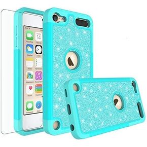 حافظة iPod Touch الجديدة، غطاء حافظة iPod Touch الجيل السابع/السادس/الخامس [واقي شاشة من الزجاج المقسى] حافظة واقية لامعة مضادة للصدمات متوافقة مع جهاز iPod Touch 5 6 الجيل السابع الجديد - أزرق مخضر