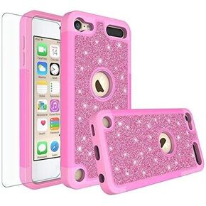 New iPod Touch Case,iPod Touch 6th Case,iPod 5th Generation Case [Tempered Glass] Shockproof Glitter Bling Hybrid Silicone Protective Case Compatible for Apple iPod Touch 5 6th Generation - Hot Pink