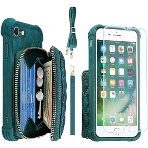 MONASAY Zipper Wallet Case Fit for iPhone SE 2022/2020/8/7, [Glass Screen Protector ][RFID Blocking] Flip Leather Handbag Phone Cover with Card Holder & Crossbody Lanyard Strap, Black