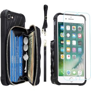 MONASAY Zipper Wallet Case Fit for iPhone SE 2022/2020/8/7, [Glass Screen Protector ][RFID Blocking] Flip Leather Handbag Phone Cover with Card Holder & Crossbody Lanyard Strap, Black in Kuwait