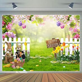 CYLYH 7x5ft Spring Easter Garden Photography Backdrop Green Grass Lawn Pink Floral Fence Background Baby Children Birthday Party Decorations Banner D563