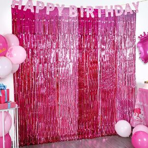 Hot Pink Girl Foil Fringe Curtains, 2 Pack Girl Party Decorations 3.3x6.6ft Girl Fringe Streamer Backdrop for Birthday Party