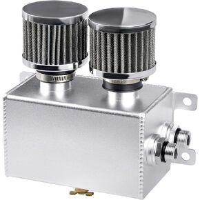 JDMON AN8 1.2L Dual Filter Engine Oil Catch Can Tank, Large Dual Breather Twin Baffle Oil Reservoir Tank, Silver