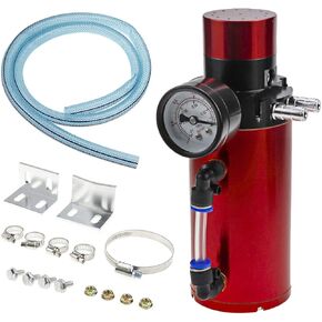 15.8fl oz Oil Catch Can Kit with Pressure Gauge Aluminum Air Oil Breather Cylinder Tank for Cars (450ml Red)