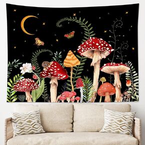 LB Mushroom Tapestry Colorful Butterfly Tapestry Wall Hanging Moon and Star Black Wall Tapestry for Bedroom Aesthetic Green Plant Botanical Tapestry for Living Room College Dorm Decor, 60Wx40H inch