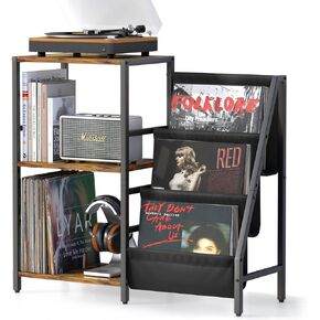 Record Player Stand with Vinyl Storage, Record Player Table with Record Storage 200 Albums, Turntable Stand with Record Holder Vinyl Display Shelf, Record Cabinet Media Stereo (One-side storage-Black)