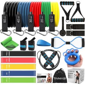 23Pcs Resistance Bands Set Workout Bands, 5 Stackable Exercise Bands with Handles, 5 Resistance Loop Bands, Jump Rope, Figure 8, Headband, Cooling Towel