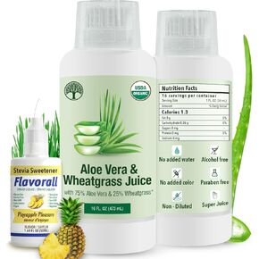 Aloe Vera & Wheatgrass Juice with Flavorall: USDA Certified Aloe Juice Shots - 30-Day Supply for Gut Detox, Immunity & Clear Skin, 75%-25% Highly Potent Concentration (Pineapple)