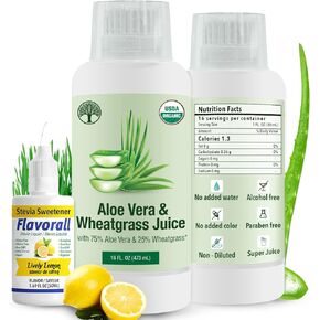 Aloe Vera & Wheatgrass Juice with Flavorall: USDA Certified Aloe Juice Shots - 30-Day Supply for Gut Detox, Immunity & Clear Skin, 75%-25% Highly Potent Concentration (Pineapple)