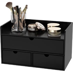 Wisuce Bamboo Desk Organizer - Mini Bamboo Desk Drawer Tabletop Cosmetic Storage Organization for Office or Home Black with Shelf