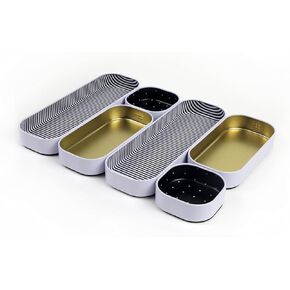Three by Three Seattle 6 Piece Shallow Metal Organizer Tray Set for Storing Makeup, Stationery, Utensils, and More in Office Desk, Kitchen and Bathroom Drawers (1 Inch, Red Dots and Stripes)