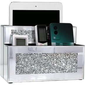 Mirrored Remote Holder, Wall or Tabletop Mounted Crush Diamond Bling Decoration Organizer Storage Caddy for Remote Phone Pad Notebook Makeup Brush,4 Slots in 3 Sizes,9.1"×6.1"×4.8"
