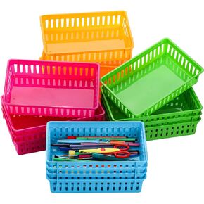 DEAYOU 16 Pack Classroom Storage Baskets Bins, Small Plastic Organizer Basket, Colorful Storage Trays, Crayon Pencil Containers for Paper, Desk, Shelf, Home School Office, 10.2" L x 6.5" W x 2.4" H