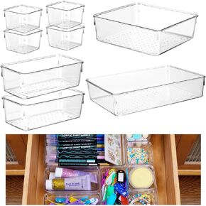 8-Piece Clear Drawer Organizer with Non-Slip Silicone Pads, 4-Size Plastic Bathroom Desk Organizer Trays Storage Bins for Makeup, Jewelries in Bedroom Dresser, Office, Kitchen
