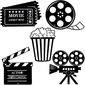 5 Pieces Movie Theater Decor Home Movie Theater Room Decor Cinema and Popcorn Wall Art Metal Movie Reel Wall Sign Home Theater Action Sign Cinema Movie Film Wall Decoration for Home Party Decor