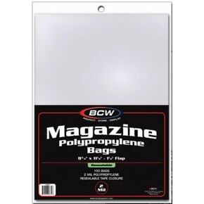 BCW Resealable Magazine Bags - 1 Pack of 100 | Acid-Free, Clear Polypropylene Sleeves for Archival-Quality Storage of Collectible Magazines | Protect and Showcase Your Valuable Comic Book Collection