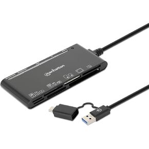 Manhattan 7 in 1 USB C & USB A Combo Multi Card Reader – Long 3 ft Cable – 5Gbps USB 3.0 - SD, TF, CF, Micro SD, XD. MS - Multiple Adapter Hub – 3 Yr Mfg Warranty – 102605