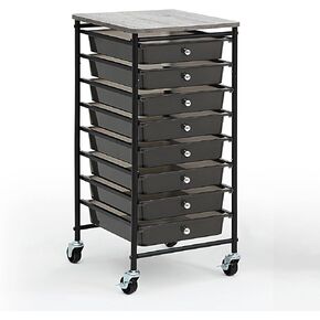 SunnyPoint Wooden Top Compact Rolling Storage 8 Drawers Organizer Mobile Utility Cart, Under Desk Storage Cart with Caster Wheels (Compact 8 Drawers, Black)