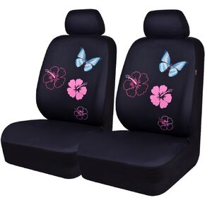 CAR PASS Universal Fabric Front Car Seat Covers, Print Light Blue Flower and Butterfly Front Seat Covers with Airbag Compatible, Fit Sedans,Cars,Vans,Suitable for Women & Girly (Black and Blue)