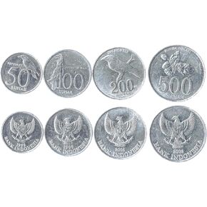 7 Coins from Indonesia | Indonesian Coin Set Collection 5 10 25 50 100 500 1000 Rupiah | Circulated 1974-2003 | Nutmeg | Oil Palm | Jasmine | Bull | Komodo Dragon | Oil lamp | Garuda Pancasila