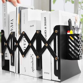 Heavy Duty Book End to Hold Books + Detachable Pen Holder, Adjustable Bookends Book Holder for Shelves, Decorative Book Organizer for Desk, Sturdy Metal Book Ends Binder Holder for Tabletop