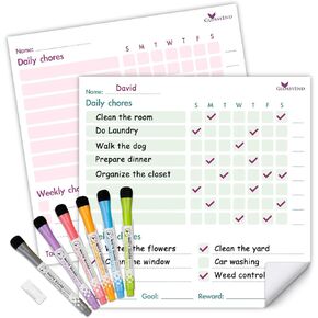2-Piece Re-stickable Whiteboard Chore Chart Set, Dry Erase Kids Chore Chart, Daily Chore Planner, to-Do List, and 6 Colorful Markers with Erasers, Fridge or Wall Organizer for Home, Office, or School