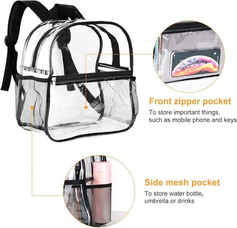 حقيبة ظهر شفافة صغيرة من قطعتين معتمدة من الاستاد مقاس 12 × 12 × 6 مع حاملي مياه وحقيبة شفافة شديدة التحمل يمكن رؤيتها من خلال حقيبة ظهر شفافة للحفلات الموسيقية والعمل والألعاب الرياضية وأماكن المهرجانات in Kuwait