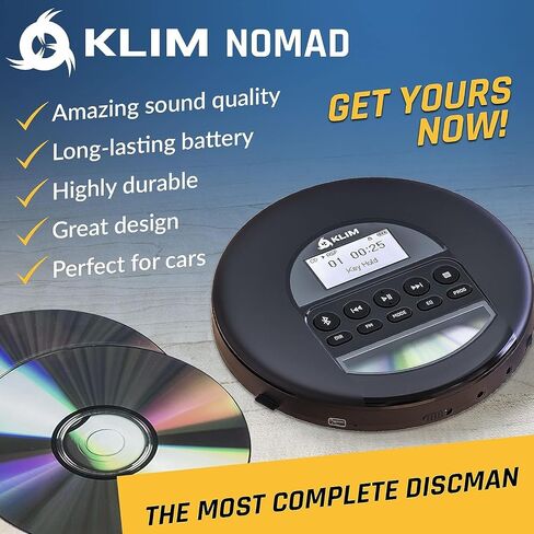 Klim Nomad - مشغل الأقراص المضغوطة المحمول Walkman - بطارية طويلة الأمد - تتضمن سماعات الرأس - راديو FM - متوافق مع أقراص MP3 - بطاقة TF، راديو FM، بلوتوث - مثالي للسيارات (متجدد) in Saudi Arabia