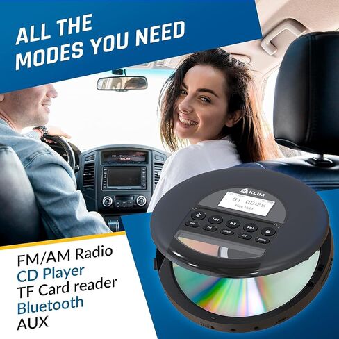 Klim Nomad - مشغل الأقراص المضغوطة المحمول Walkman - بطارية طويلة الأمد - تتضمن سماعات الرأس - راديو FM - متوافق مع أقراص MP3 - بطاقة TF، راديو FM، بلوتوث - مثالي للسيارات (متجدد) in Saudi Arabia