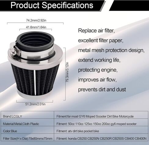 2 قطعة 42 مللي متر فلتر هواء عالمي لـ GY6 125CC 150CC 200CC 250CC الترابية دراجة ATV رباعية سكوتر الذهاب كارت متوافق مع كاواساكي سوزوكي ياماها PZ24 PZ30 المكربن ​​الدراجة Roketa Taotao للدراجات النارية in Kuwait