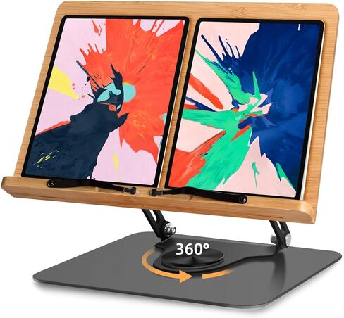 wishacc Book Stand for Reading, 360° Rotating Base & Page Clips, Adjustable Rotating Foldable Bamboo Reading Stand in Kuwait