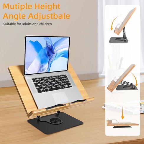 wishacc Book Stand for Reading, 360° Rotating Base & Page Clips, Adjustable Rotating Foldable Bamboo Reading Stand in Kuwait