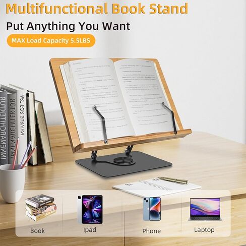 wishacc Book Stand for Reading, 360° Rotating Base & Page Clips, Adjustable Rotating Foldable Bamboo Reading Stand in Kuwait