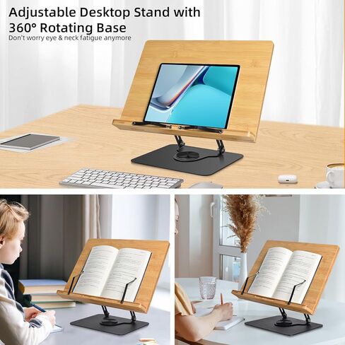 wishacc Book Stand for Reading, 360° Rotating Base & Page Clips, Adjustable Rotating Foldable Bamboo Reading Stand in Kuwait