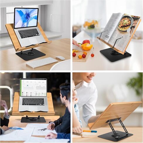 wishacc Book Stand for Reading, 360° Rotating Base & Page Clips, Adjustable Rotating Foldable Bamboo Reading Stand in Kuwait