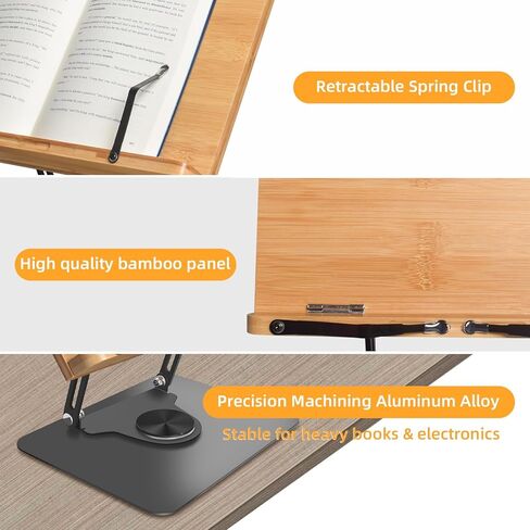 wishacc Book Stand for Reading, 360° Rotating Base & Page Clips, Adjustable Rotating Foldable Bamboo Reading Stand in Kuwait