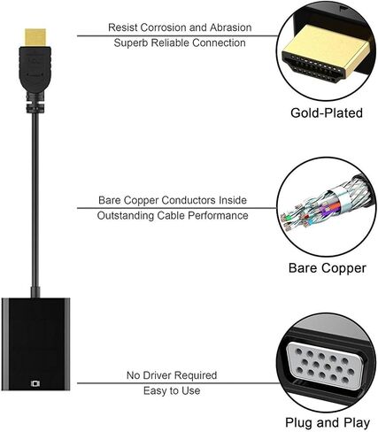 محول كابل HDMI إلى VGA 15 دبوس d Sub، HDMI ذهبي مع سلك موصل صوت ذكر إلى VGA أنثى لتوصيل الكمبيوتر المحمول بالشاشة، تنطبق على الكمبيوتر الشخصي، MAC، PS4، جهاز العرض وما إلى ذلك in Saudi Arabia