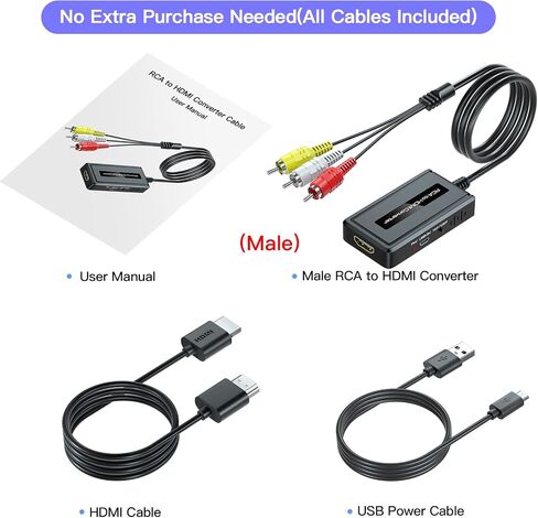 محول ذكر RCA إلى HDMI مع كابل HDMI لـ DVD/STB/VHS مع مخرج RCA أنثى (كابل RCA مدمج)، محول CVBS AV المركب إلى HDMI يدعم مفتاح إخراج Full HD 720P/1080P in Kuwait