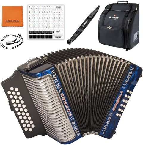 Hohner 3500FB Corona II F/Bb/EB Diatonic Accordion - حزمة سوداء مع حقيبة Hohner، حزام، هارمونيكا صغيرة، قماش تلميع موسيقى جولييت وملصقات مفاتيح البيانو in Saudi Arabia
