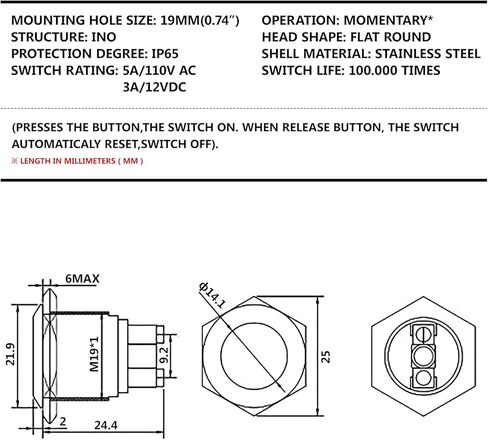 (Pack of 2) 19mm Momentary Stainless Steel Metal Push Button Switch Waterproof Flat Top 12V 24V 36 DC 110V 250V AC 5A 1NO SPST Screw Terminal Car Auto Horn Engine Start Horn Doorbell Power Switch in Saudi Arabia