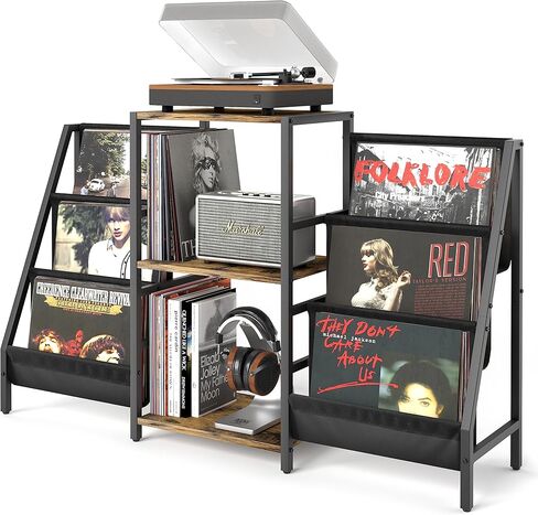 Tewinko Record Player Stand with Vinyl Storage Cart, Record Player Table with Record Storage 200 Albums, Turntable Stand with Record Holder Vinyl Display Shelf, Record Cabinet Media Stereo in Kuwait