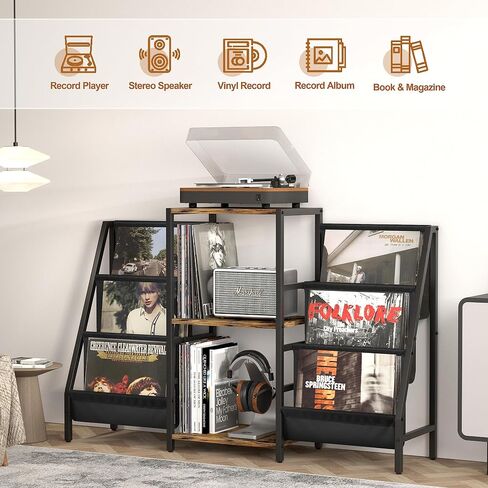 Tewinko Record Player Stand with Vinyl Storage Cart, Record Player Table with Record Storage 200 Albums, Turntable Stand with Record Holder Vinyl Display Shelf, Record Cabinet Media Stereo in Kuwait