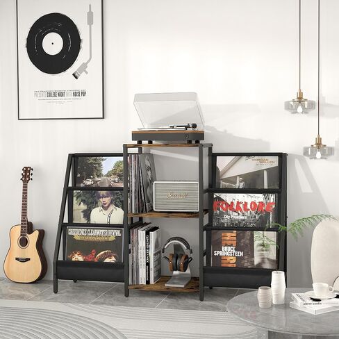 Tewinko Record Player Stand with Vinyl Storage Cart, Record Player Table with Record Storage 200 Albums, Turntable Stand with Record Holder Vinyl Display Shelf, Record Cabinet Media Stereo in Kuwait
